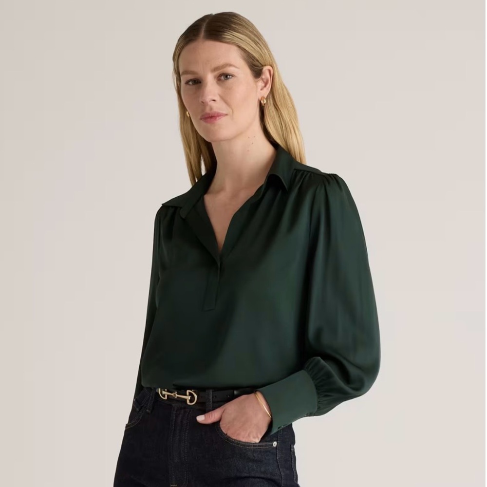 Quince Washable Silk Deep Green Women's Popover Blouse